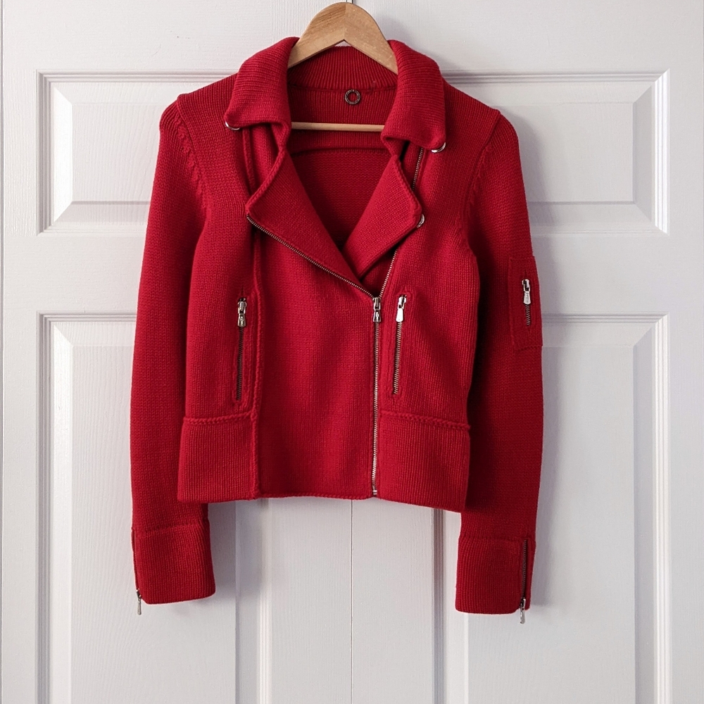 Anthropologie One Girl Who Red Wool Knit Sweater Moto Jacket | Size S - Picture 1 of 15